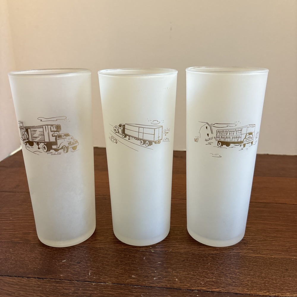 VTG 3 Frosted Tom Collins Glasses w/Gold Trucks Mack/International Trailmobile